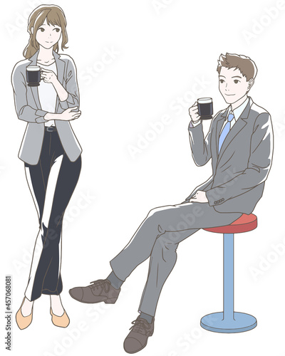 オフィスでコーヒー休憩をするビジネスマン、男女、カラー