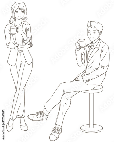 オフィスでコーヒー休憩をするビジネスマン、男女、モノクロ