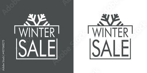 Regalos de Navidad. Logotipo con texto Winter Sale con forma de regalo con silueta de copo de nieve lineal en fondo gris y fondo blanco