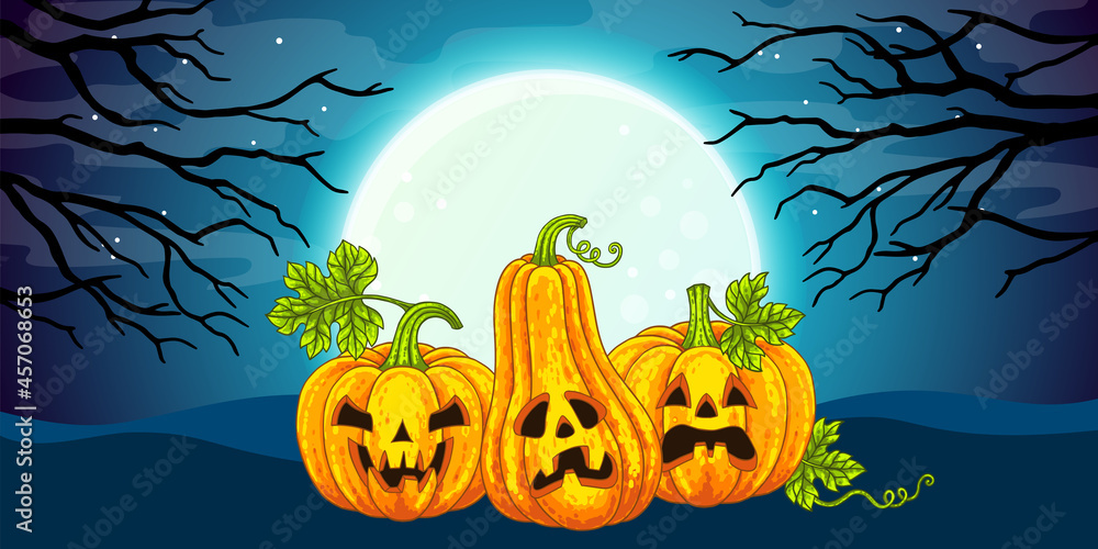 Halloween banner background. Full moon against the dark sky and silhouettes of trees, horrible pumpkins Jack O Lantern