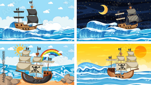 Set of different beach scenes with pirate ship and pirate cartoon character