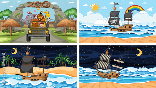 Set of different scenes with animals in the zoo and pirate ship at the sea