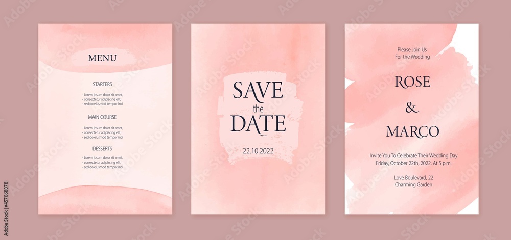 Wedding cards set, Save the Date luxury design. Watercolor pink texture