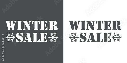 Regalos de Navidad. Banner con texto Winter Sale con copo de nieve como sello de caucho en fondo gris y fondo blanco