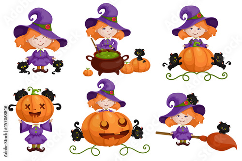 Little witch with two black kittens brews a potion, flies on a broomstick, hides in a pumpkin, tries on a pumpkin instead of a head. Cartoon vector graphics.