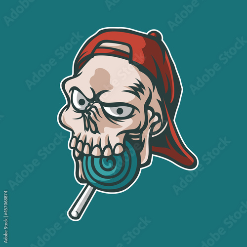 Obraz na plátně skull mascot biting candy, this spooky and catchy image is suitable for esports