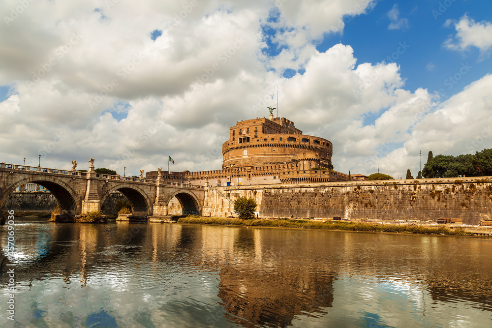 Sant'Angelo Castle or Hadrian's Mausoleum and Sant'Angelo Bridge on the Tiber River, Rome, Italy