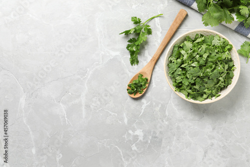 Tableau sur toile Fresh green cilantro on light grey marble table, flat lay