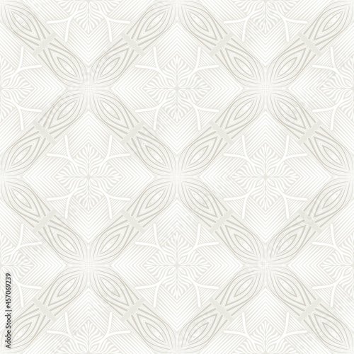 Seamless pattern consisting of diagonal square ornaments in beige-gray and white shades.
