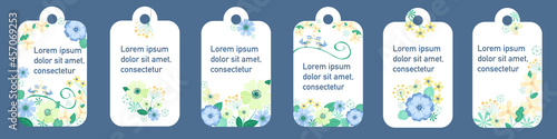 Vector set of floral vertical tags. Decorative blanks with a floral pattern. Floral design brochures inspired by nature itself. Blooming fragrant flowers, loving tits, leaves. Vector eps10.