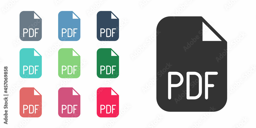 Black PDF file document. Download pdf button icon isolated on white background. PDF file symbol. Set icons colorful. Vector Black PDF file document. Download pdf button icon isolated on white background. PDF file symbol. Set icons colorful. Vector