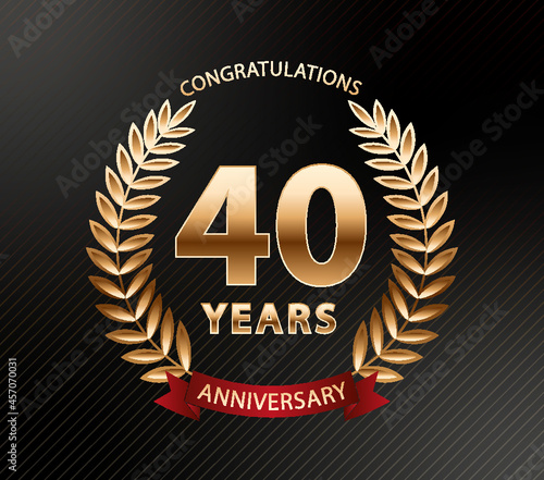 40 years anniversary golden laurel wreath. Anniversary celebration logo. Vector illustration Editable