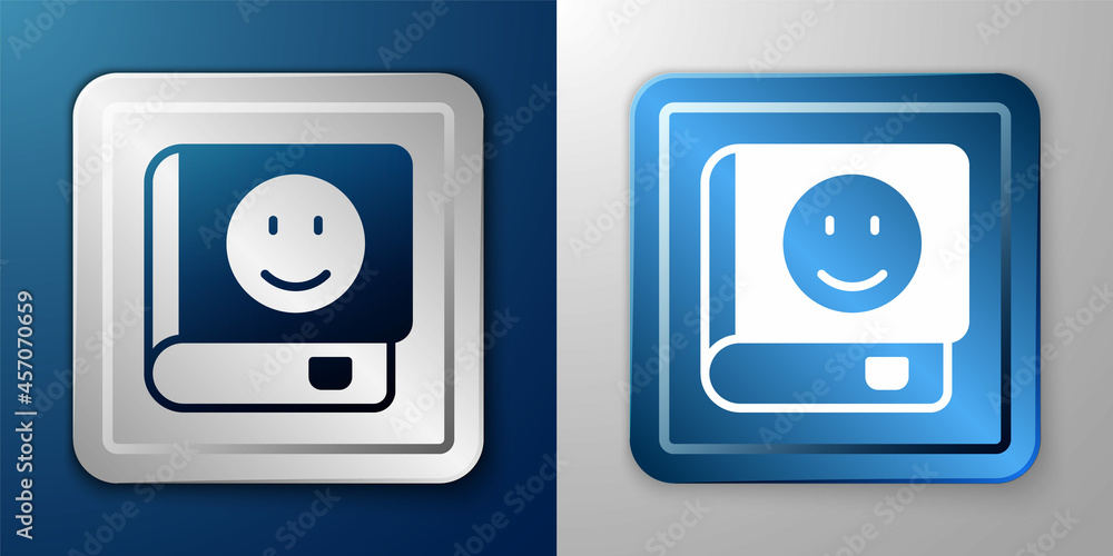 White Book icon isolated on blue and grey background. Silver and blue square button. Vector White Book icon isolated on blue and grey background. Silver and blue square button. Vector