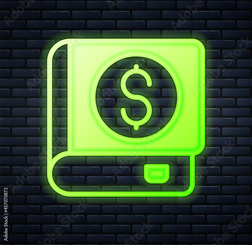 Glowing neon Financial book icon isolated on brick wall background. Vector