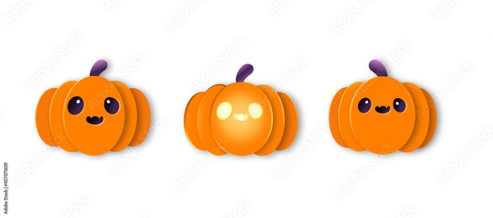 Set of cute halloween pumpkins with funny faces. Vector illustration. Voluminous design Set of cute halloween pumpkins with funny faces. Vector illustration. Voluminous design