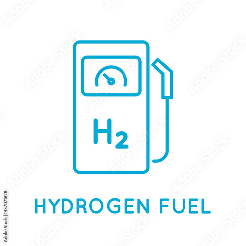 Hydrogen car station line icon. Hydrogen fuel filling station. H2 gas pump. Alternative renewable energy sources. Fuel cell electric vehicle. FCEV transportation. Vector illustration, flat, clip art. 