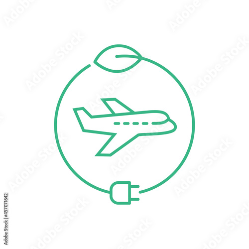 Electric plane line icon. Aircraft powered by electricity. Green aviation concept. Airplane in green circle with a leaf and a plug. Environment friendly transportation. Vector illustration, clip art.
