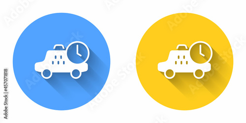 White Taxi waiting time icon isolated with long shadow background. Car deadline, schedule ride. Circle button. Vector