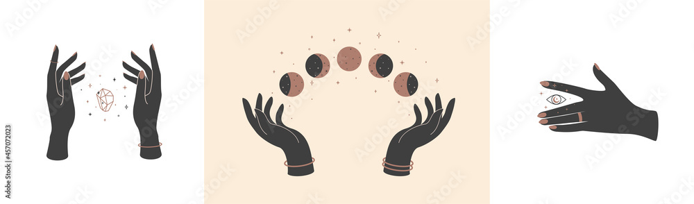 Set of magic hands with celestial mystical symbols. Spiritual boho logo, design elements with crystal, eye and moon phases. Black silhouette of woman arms isolated on white. Vector illustration Set of magic hands with celestial mystical symbols. Spiritual boho logo, design elements with crystal, eye and moon phases. Black silhouette of woman arms isolated on white. Vector illustration