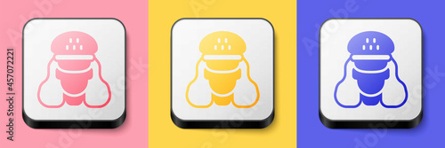 Isometric Taxi driver icon isolated on pink, yellow and blue background. Square button. Vector