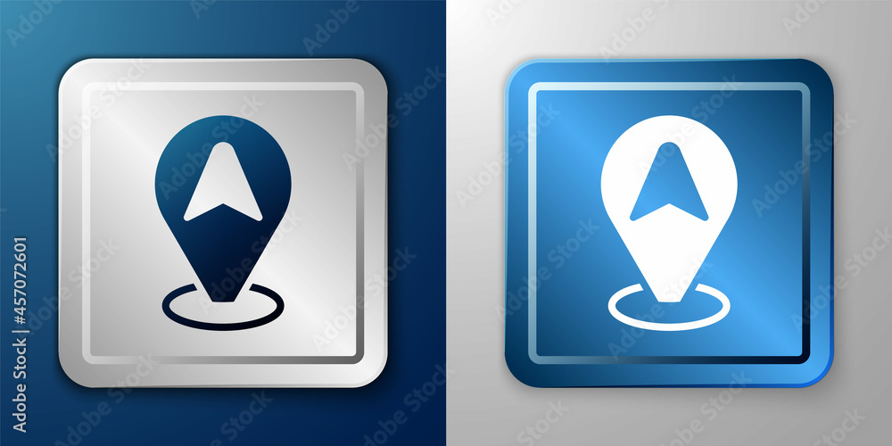 White Map pointer with taxi car icon isolated on blue and grey background. Location symbol. Silver and blue square button. Vector White Map pointer with taxi car icon isolated on blue and grey background. Location symbol. Silver and blue square button. Vector