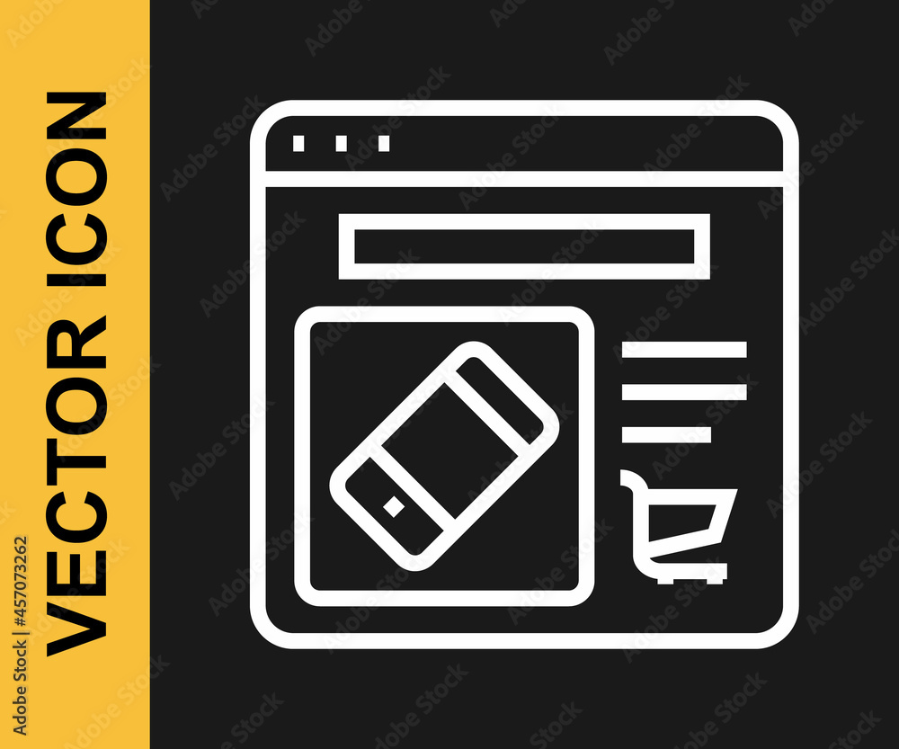 White line Online shopping on screen icon isolated on black background. Concept e-commerce, e-business, online business marketing. Vector White line Online shopping on screen icon isolated on black background. Concept e-commerce, e-business, online business marketing. Vector