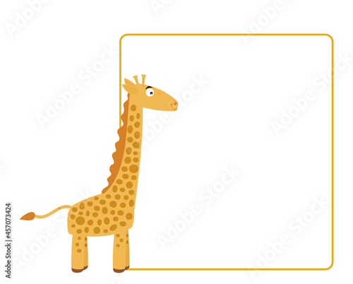 Beautiful and cute giraffe of the zoological park on profile with advertising panel on white background