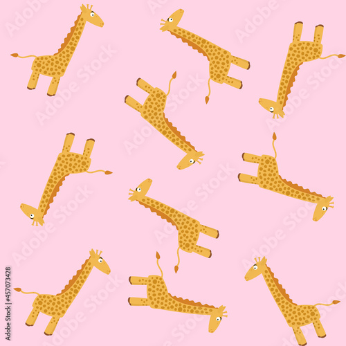 Pattern of cute giraffes from the zoo for gift wrapping paper on pink background 