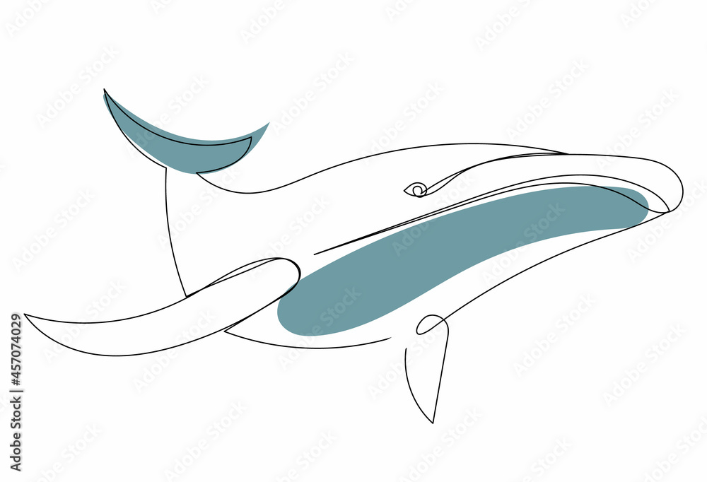 Fototapeta premium whale swims drawing in one continuous line, isolated
