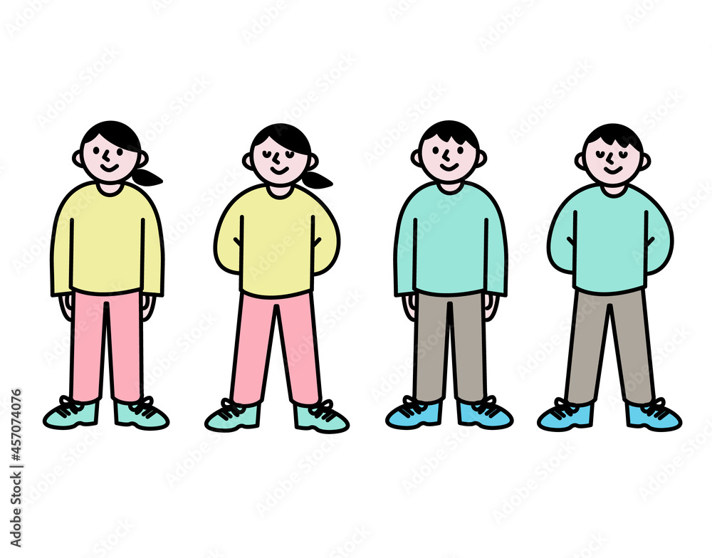 気をつけ休めをする子どもたち全身イラスト素材 気をつけ休めをする子どもたち全身イラスト素材