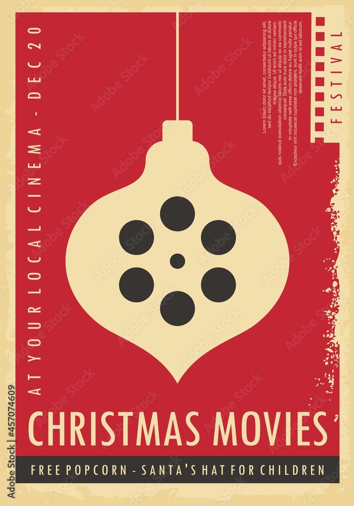 Christmas movies cinema night retro poster design with Christmas decoration  and film reel on red background. Movie poster vector template on old paper  texture. Holiday entertainment event festival. Stock Vector