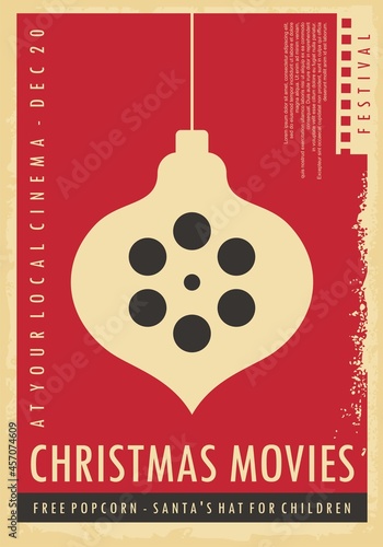Christmas movies cinema night retro poster design with Christmas decoration and film reel on red background. Movie poster vector template on old paper texture. Holiday entertainment event festival.