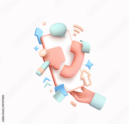 Social media creative idea 3d concept with realistic design. Online social network. Business communication applications. Marketing time. In hand Mobile phone with volumetric icons. Vector illustration