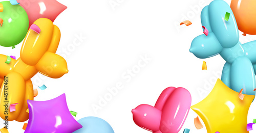 Colorful balloons with helium. Design for birthday, wedding. Romantic creative banner, template, Borders space for text. Holiday poster, flyer, stylish brochure. Realistic vector 3d decorative objects