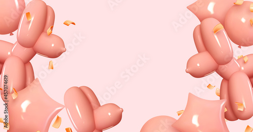 Design for birthday, wedding, Valentine's day. Romantic creative banner, template, Borders, space for text. Holiday poster, flyer, stylish brochure. Realistic vector 3d decorative objects.