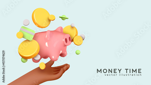 Pig piggy bank in the palm of hand. Money creative business concept. Realistic 3d design gold coins and credit card. Safe finance investment. Financial services. Web site Landing. Vector illustration