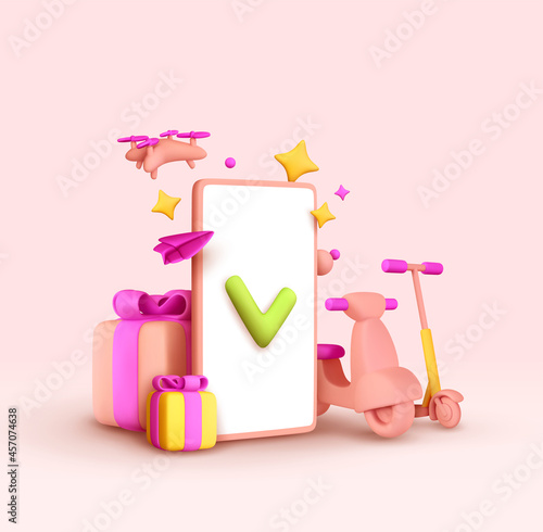 Fast delivery, motorcycle, electric scooter, drone copter, mobile phone. Realistic 3d element design creative concept marketing idea. Gift box. Online service ordering of goods. Vector illustration