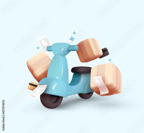 Courier service Delivery. Creative concept design. Realistic 3d scooter blue color, cardboard boxes. Time to Shopping. Landing page for website. Moto scooter and goods. Vector illustration