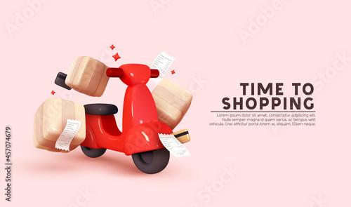 Courier service Delivery. Creative concept design. Realistic 3d scooter red color, cardboard boxes. Time to Shopping. Landing page for website. Moto scooter and goods. Vector illustration