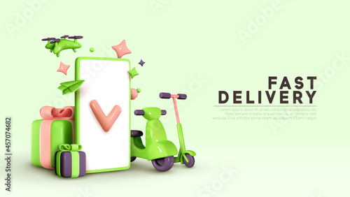 Fast delivery, motorcycle, electric scooter, drone copter, mobile phone. Realistic 3d design creative concept marketing idea. Landing page, banner poster for website. Online service ordering of goods