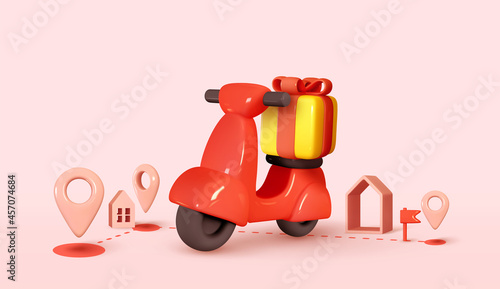 Courier service Delivery. Creative concept design. Realistic 3d scooter red color, cardboard boxes. Time to Shopping. Landing page for website. Moto scooter and goods. Vector illustration