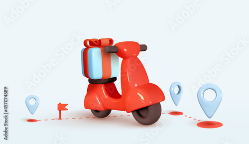 Courier service Delivery. Creative concept design. Realistic 3d scooter red color, cardboard boxes. Time to Shopping. Landing page for website. Moto scooter and goods. Vector illustration