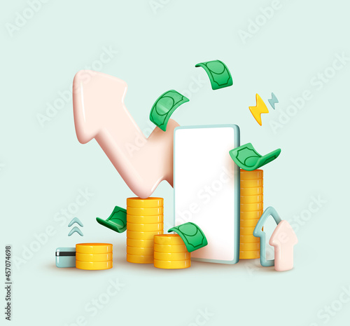 Financial investment trade. Creative concept of market movement. Bank deposit, profit finance Manage money through your mobile phone, applications. Investment Cryptocurrency trend trading. 3D Vector