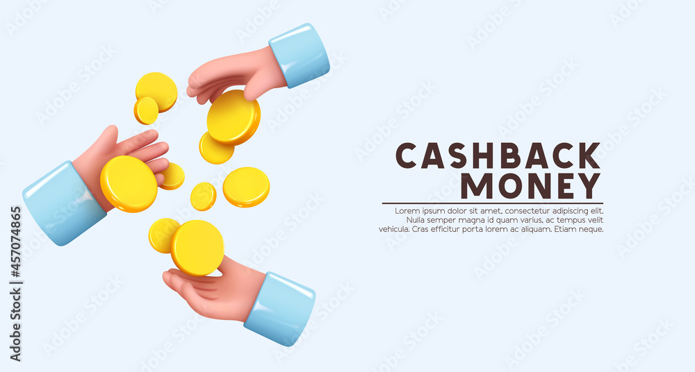 Gold Coins money passed and served from hand to hands. Creative concept. Trade cash back. Realistic 3d design in cartoon style. Business financial investment. Save savings. Vector illustration - obrazy, fototapety, plakaty 