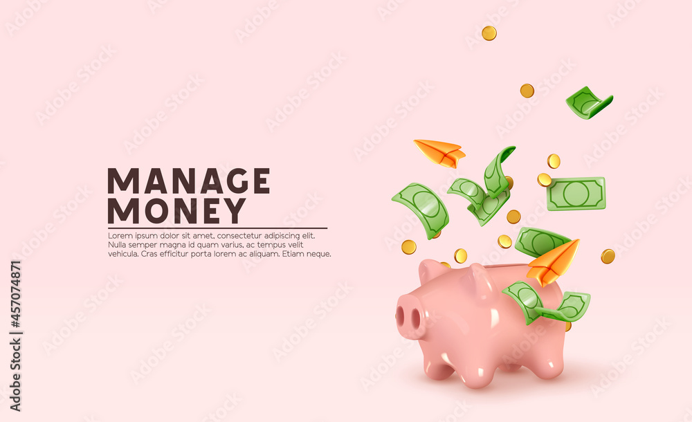 Money Piggy bank creative business concept. Realistic 3d design. Pink pig keeps gold coins. Safe finance investment. Financial services. Landing page template mockup for website. Vector illustration - obrazy, fototapety, plakaty 