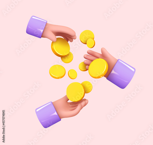 Gold Coins money passed and served from hand to hands. Creative concept. Trade cash back. Realistic 3d design in cartoon style. Business financial investment. Save savings. Vector illustration