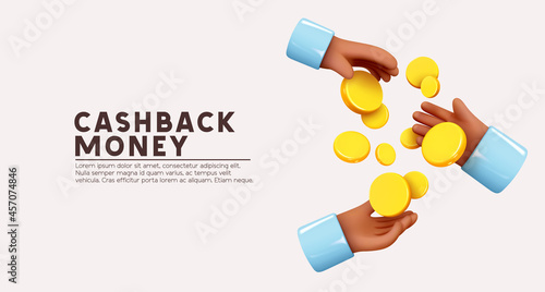 Gold Coins money passed and served from hand to hands. Creative concept. Trade cash back. Realistic 3d design in cartoon style. Business financial investment. Save savings. Vector illustration