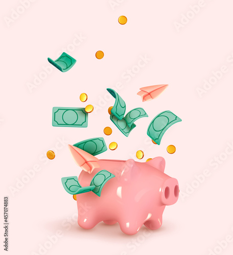 Money Piggy bank creative business concept. Realistic 3d design. Pink pig keeps gold coins. Green paper dollars. Paper plane. Safe finance investment. Financial services. Vector illustration