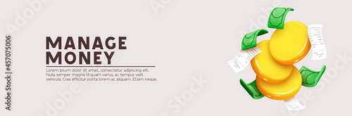 Gold coins, green paper dollars, Cashier's checks. Realistic 3d design in cartoon style. Concept Trade cash back. Save savings. Horizontal banner, poster, header for website. Vector illustration
