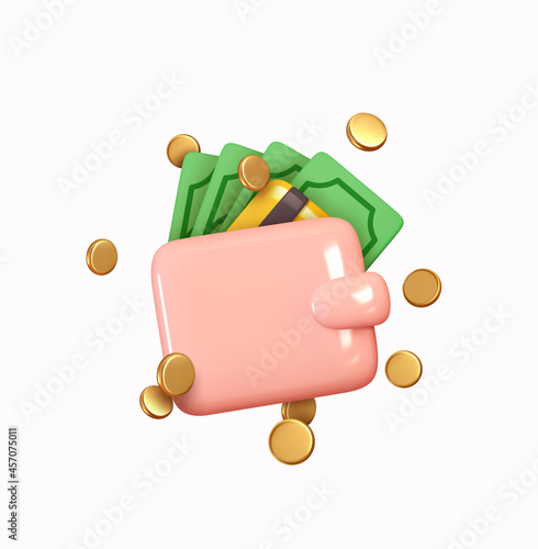 Money wallet with green paper dollars and gold coins. Realistic 3d design in cartoon style. Business financial investment. Creative concept. Trade cash back. Save savings. Vector illustration